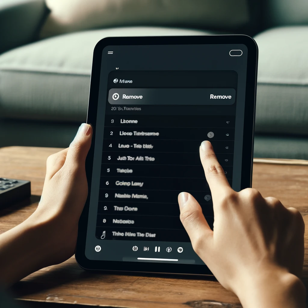 A digital tablet screen displaying the Spotify app with a queue of songs. The screen shows a list of music tracks with a 'Remove' button next to each