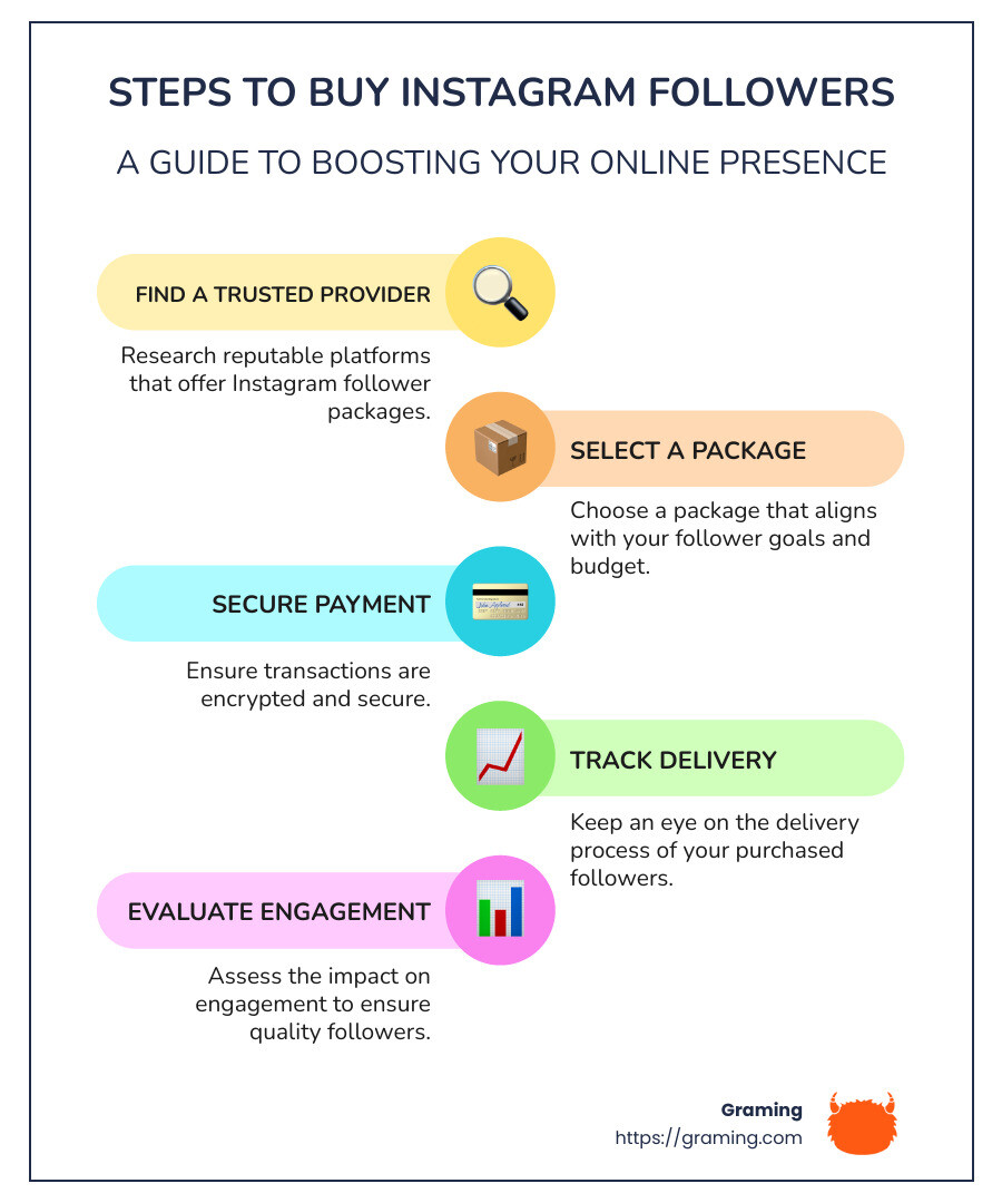 Steps to buy Instagram followers including selecting a provider, choosing a package, and making a secure payment - how do i buy instagram followers infographic infographic-line-5-steps-colors